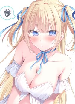 1girl absurdres bare_arms bare_shoulders blonde_hair blue_eyes blush breasts collarbone hair_ornament highres kmr_7m large_breasts long_hair looking_at_viewer open_mouth original sleeveless solo