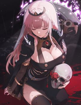 1girl black_cape black_dress black_thighhighs blood breasts cape cleavage closed_eyes closed_mouth dress flower highres holding holding_scythe hololive hololive_english large_breasts mori_calliope mori_calliope_(1st_costume) pink_hair red_flower red_rose rose scythe side_slit sitting sk_jynx skull solo spikes thighhighs tiara virtual_youtuber
