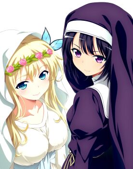 2girls aqua_eyes black_hair blonde_hair boku_wa_tomodachi_ga_sukunai butterfly_hair_ornament closed_mouth collarbone flower_wreath from_above habit hair_ornament head_wreath highres kashiwazaki_sena long_hair looking_at_viewer looking_back mikazuki_yozora multiple_girls nun official_art purple_eyes sidelocks simple_background traditional_nun veil watanabe_yoshihiro white_background wreath