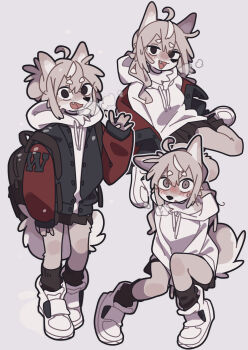 1girl :3 :o ahoge arm_up between_legs black_eyes black_jacket black_skirt black_socks blush breath commentary drawstring english_commentary fang furry grey_background grey_eyes grey_hair hand_between_legs highres hood hoodie jacket jacket_over_hoodie jacket_partially_removed letterman_jacket long_sleeves looking_at_viewer miniskirt multiple_views nose_blush open_mouth original outline red_sleeves seductive_smile shoes short_hair simple_background sitting skirt sleeves_past_wrists smile sneakers socks standing sweatdrop velcro_footwear waving white_hoodie white_outline white_shoes wolf yagi_(s1120411) yokozuwari