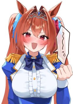 1girl animal_ears black_bow black_bowtie blush bow bowtie breasts brown_hair center_frills clenched_hand commentary_request daiwa_scarlet_(peak_blue)_(umamusume) daiwa_scarlet_(umamusume) epaulettes fang framed_breasts frills hair_between_eyes hair_intakes hair_ornament hashtag-only_commentary highres horse_ears horse_girl juliet_sleeves large_breasts long_hair long_sleeves looking_at_viewer open_mouth puffy_sleeves red_eyes shirt simple_background skindentation smile solo speech_bubble sweat tiara twintails twintails_day umamusume underbust upper_body v-shaped_eyebrows very_long_hair white_background white_shirt yamaro_(yamaro0)