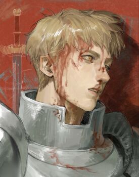 1boy armor blonde_hair blood blood_on_face breastplate drop_shadow dungeon_meshi hashtag-only_commentary highres injury jing_wen knight laios_touden male_focus nosebleed parted_lips pauldrons portrait shoulder_armor solo sword weapon yellow_eyes