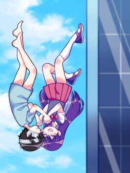 Rule 34 | 1boy, 1girl, bandaged head, bandages, barefoot, black hair, blue sky, closed eyes, collared shirt, commentary, eyepatch, highres, holding hands, hospital gown, interlocked fingers, kneehighs, long hair, medical eyepatch, neckerchief, omori, open mouth, parted lips, pleated skirt, purple hair, purple shoes, purple sweater vest, red neckerchief, red skirt, reii163, shirt, shoes, short hair, skirt, sky, smile, socks, sunny (hospital gown) (omori), sunny (omori), sweater vest, teeth, upper teeth only, upside-down, white shirt, white socks