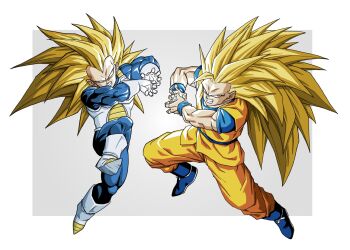 2boys armor blonde_hair blue_bodysuit blue_boots blue_sash blue_shirt blue_wrist_cuffs bodysuit boots clenched_teeth commentary_request dougi dragon_ball dragon_ball_daima full_body galick_gun gloves green_eyes grey_background highres kamehameha_(dragon_ball) long_hair male_focus multiple_boys muscular muscular_male n_(n14542698) no_eyebrows orange_pants orange_tunic pants powering_up saiyan_armor sash shirt simple_background son_goku spiked_hair super_saiyan super_saiyan_3 teeth tunic vegeta white_armor white_gloves widow's_peak wrist_cuffs