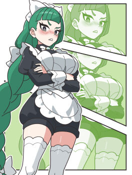 1girl apron black_romper blush bow bowtie braid braided_ponytail breasts commentary_request crossed_arms green_eyes green_hair highres kanbei_(pixiv11037490) large_breasts lebanne_(pokemon) long_braid long_hair long_sleeves looking_at_viewer maid maid_apron maid_headdress nintendo open_mouth pokemon pokemon_legends:_z-a puffy_sleeves romper teeth thighhighs white_bow white_bowtie white_thighhighs