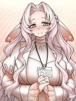 1girl blush breasts brown_eyes commentary curtained_hair forehead frilled_sleeves frills hair_intakes highres huge_breasts jiai_chiyu kimi_no_koto_ga_dai_dai_dai_dai_daisuki_na_100-nin_no_kanojo lanyard long_hair long_sleeves looking_at_viewer nose_blush own_hands_clasped own_hands_together pink_hair sidelocks simple_background smile solo split_mouth straight-on upper_body veil very_long_hair wadara_5492_wa wavy_hair wavy_sidelocks wide_sleeves