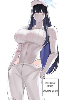 1girl absurdres alternate_costume amtv8428 artist_name baseball_cap blue_archive blue_eyes blue_hair blue_halo breasts colored_inner_hair commentary earbuds earphones hair_between_eyes halo hands_in_pockets hat highres huge_breasts long_hair looking_at_viewer multicolored_hair pants saori_(blue_archive) white_pants