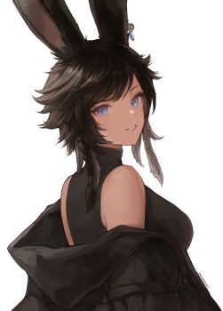 Rule 34 | 1girl, absurdres, animal ear piercing, animal ears, bare shoulders, black hair, black jacket, black shirt, blue eyes, breasts, coconutcatcat, final fantasy, final fantasy xiv, from behind, highres, jacket, looking at viewer, looking back, medium breasts, off shoulder, open clothes, open jacket, original, rabbit ears, rabbit girl, shirt, short hair, sleeveless, sleeveless shirt, smile, solo, upper body, viera, warrior of light (ff14)