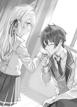 1boy 1girl absurdres ahoge blazer blush closed_eyes collared_shirt commentary_request hair_between_eyes hair_ribbon highres holding_hands indoors jacket kiss kissing_hand kuze_masachika long_hair long_sleeves looking_at_another momoko_(momopoco) necktie novel_illustration official_art open_clothes open_jacket pants parted_lips pleated_skirt ribbon school_uniform second-party_source shirt short_hair skirt smile standing sweater tokidoki_bosotto_roshia-go_de_dereru_tonari_no_alya-san wing_collar