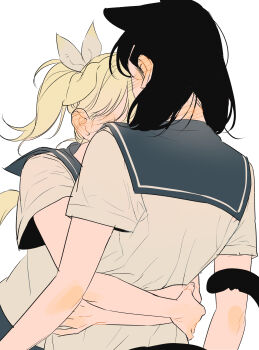 0820_lakia 2girls absurdres animal_ears black_hair blonde_hair blue_sailor_collar blush cat_ears cat_girl cat_tail commentary_request dog_ears dog_girl dog_tail ear_blush highres hug korean_commentary multiple_girls neck_blush original ponytail sailor_collar shirt simple_background tail white_background white_shirt yuri