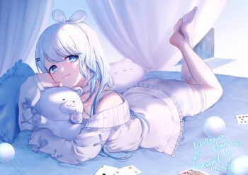 1girl absurdres ass ball blue_bow blue_bowtie blue_eyes blue_hair bow bowtie card choker closed_mouth commentary_request commission cushion frilled_cardigan frilled_choker frilled_socks frills hair_ornament hairband hairclip highres holding holding_stuffed_toy kitasaya_ai kneehighs long_hair looking_at_viewer lying off_shoulder on_bed on_stomach playing_card project_nebula second-party_source single_bare_foot single_kneehigh single_off_shoulder single_sock skeb_commission sleeves_past_wrists socks solo stuffed_animal stuffed_toy teddy_bear thank_you thigh_strap usui_yura virtual_youtuber white_choker white_hairband