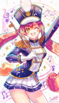 Rule 34 | 1girl, absurdres, arm up, artist logo, ayakari399, beamed eighth notes, beamed sixteenth notes, blue jacket, brown hair, commission, confetti, curled ends, drum major, eighth note, epaulettes, gloves, gold trim, hat, hat feather, highres, holding, jacket, jikkyou powerful pro yakyuu, logo, long hair, multicolored jacket, musical note, musical staff, one eye closed, open mouth, orange eyes, otobuki kanade, pleated skirt, quarter note, shako cap, skeb commission, skirt, solo, sparkle, twintails, twitter username, white gloves, white jacket, white skirt