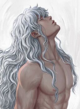 1boy abs adam&#039;s_apple aki_(akistrike) artist_name berserk closed_eyes closed_mouth collarbone commentary english_commentary facing_up from_side griffith_(berserk) lips long_hair male_focus nipples nose nude pectorals solo toned toned_male veins veiny_arms wavy_hair white_background white_hair