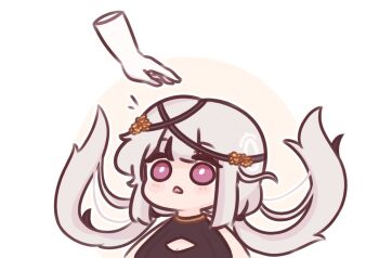 1girl 1other artist_self-insert bare_shoulders black_leotard blush_stickers breasts brown_background chonkyorca cleavage cleavage_cutout clothing_cutout commentary disembodied_hand english_text floating_hair grey_hair leotard long_hair low_twintails medium_breasts notice_lines orca_(chonkyorca) original parted_lips purple_eyes solo_focus symbol-only_commentary twintails two-tone_background upper_body very_long_hair white_background