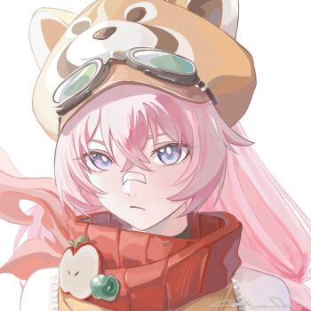 Rule 34 | 1girl, animal hood, artist name, bear hood, bright pupils, charm (object), closed mouth, commentary, crossed bangs, cybernetic sam, goggles, goggles on headwear, hair between eyes, highres, hood, long hair, neck warmer, pink hair, portrait, punishing: gray raven, purple eyes, solo, teddy: spectre (poetic journey) (pgr), teddy (pgr), white pupils