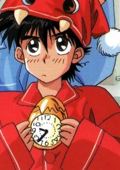 alarm_clock bad_tag black_hair brown_eyes clock future_gpx_cyber_formula hat kazami_hayato pajamas shota spiked_hair