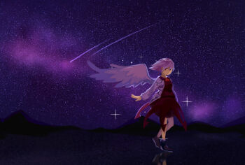 Rule 34 | 1girl, bird wings, black shoes, bow, bowtie, closed mouth, collared dress, dress, furahata gen, highres, kishin sagume, long sleeves, looking to the side, meteor shower, mountain, night, night sky, red bow, red bowtie, red dress, red eyes, reflection, shirt, shoes, short hair, single wing, sky, sleeve cuffs, solo, star (sky), starry sky, tagme, touhou, white hair, white shirt, white wings, wings