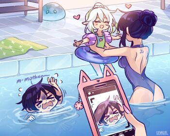 1boy 3girls arms_up artist_name asphyxiation ass back back_tattoo bare_arms bare_shoulders blunt_bangs carrying carrying_person cellphone drowning female_pov friends from_behind genshin_impact green_hair hair_bun hair_up heart highres holding holding_phone leyalee2 meme mitsudomoe_(shape) mother_and_son mother_ignoring_kid_drowning_in_a_pool_(meme) multicolored_hair multiple_girls nahida_(genshin_impact) outdoors phone pink_nails pool pov pov_hands purple_hair raiden_shogun ripples scaramouche_(genshin_impact) scaramouche_(kabukimono)_(genshin_impact) side_ponytail slime_(genshin_impact) smartphone standing streaked_hair swimsuit tattoo tomoe_(symbol) wading water yae_miko