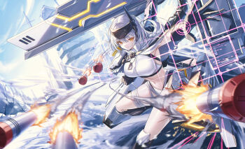 1girl absurdres bandaged_leg bandages black_gloves blue_sky breasts cloak commentary_request crop_top gloves goddess_of_victory:_nikke head-mounted_display highres k0a large_breasts long_hair midriff missile navel scar scar_on_leg sky snow_white_(heavy_arms)_(nikke) snow_white_(nikke) solo very_long_hair white_cloak white_hair yellow_eyes