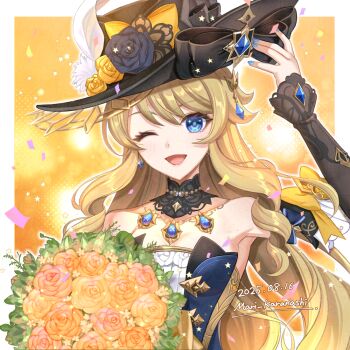 1girl 2025 ;d black_bow black_choker black_flower black_hat black_rose blonde_hair blue_eyes blue_gemstone bouquet bow choker dated earrings feathers floating_hair flower gem genshin_impact hat hat_bow hat_feather holding holding_bouquet jewelry karanashi_mari long_hair long_sleeves looking_at_viewer navia_(genshin_impact) one_eye_closed open_mouth orange_bow orange_flower rose signature sleeves_past_wrists smile solo strapless upper_body very_long_hair white_feathers yellow_flower yellow_rose