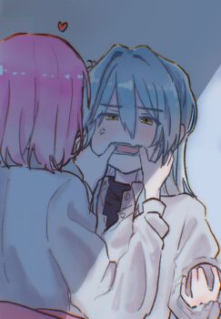 Rule 34 | 2girls, amaori renako, anger vein, ashigaya high school uniform, blue hair, blush, commentary, finger in another's mouth, hand on another's face, heart, highres, koyanagi kaho, long hair, looking at another, medium hair, multiple girls, pink hair, school uniform, shinodrawart, shirt, undershirt, watashi ga koibito ni nareru wake naijan murimuri!, white shirt, yellow eyes, yuri