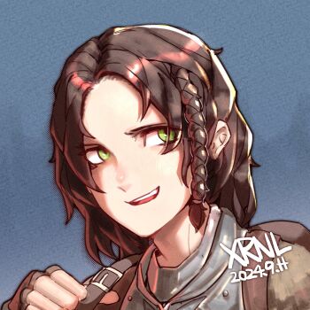 1girl armor artist_name black_hair blush braid brown_gloves commentary dated fingerless_gloves gloves green_eyes grey_background highres lydia_(skyrim) short_hair simple_background smile solo teeth the_elder_scrolls the_elder_scrolls_v:_skyrim upper_teeth_only xrnl2018