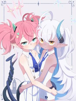 2girls absurdres bare_shoulders black_tail blue_archive blue_horns bodysuit clothing_cutout collared_bodysuit commentary_request dark-skinned_female dark_skin demon_tail expressionless flat_chest grabbing_another's_ass green_halo green_horns groping hair_ornament halo highres horns hug justice_task_force_(blue_archive) long_hair long_pointy_ears looking_at_viewer momoka_(blue_archive) multicolored_horns multiple_girls pink_hair pointy_ears shirt short_twintails side_cutout sleeveless sleeveless_shirt star_halo sumomo_(blue_archive) tail take_mawile triangle_hair_ornament twintails two-tone_horns unitard white_bodysuit white_hair white_unitard