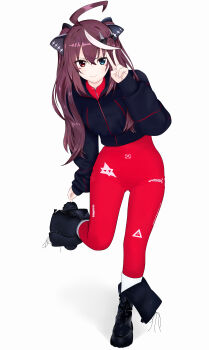 1girl absurdres ahoge aqua_eyes black_boots bodysuit boots bow clip_studio_paint_(medium) cyber_fashion epic_seven facial_mark hair_between_eyes hair_bow heterochromia highres huge_ahoge ir_who long_hair long_sleeves luluca_(epic_seven) orange_eyes purple_hair red_bodysuit simple_background skin_tight sleeves_past_wrists solo standing standing_on_one_leg twintails v white_background