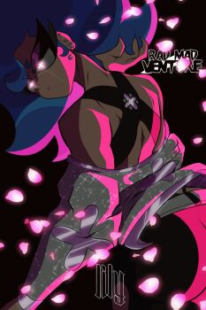 ass back bare_shoulders belt black_background black_pants blue_hair character_name copyright_logo earrings falling_petals from_behind glowing glowing_eyes glowing_petals grabbing_own_hair highres holding holding_own_hair jacket japsyi jewelry lily_(rad_mad_venture) logo long_hair looking_back midriff off_shoulder original pants petals pink_eyes pink_petals poster_(medium) rad_mad_venture simple_background white_jacket