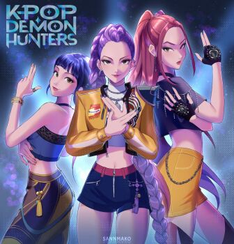 3girls black_gloves black_hair black_shirt black_shorts braid brown_eyes closed_mouth crop_top fingerless_gloves gloves highres huntrix jacket kpop_demon_hunters long_hair midriff mira_(kpop_demon_hunters) multiple_girls pants purple_hair red_hair rumi_(kpop_demon_hunters) sannmako shirt shorts tassel yellow_jacket yellow_pants zoey_(kpop_demon_hunters)