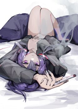 1girl breasts c.parfait cigarette commentary_request hair_ornament hand_on_own_stomach highres holding holding_cigarette jacket knees_up looking_at_viewer low_twintails lying nail_polish naked_jacket on_back on_bed open_clothes open_jacket parted_lips pillow purple_eyes purple_hair small_breasts smoke solo twintails vocaloid voiceroid yuzuki_yukari