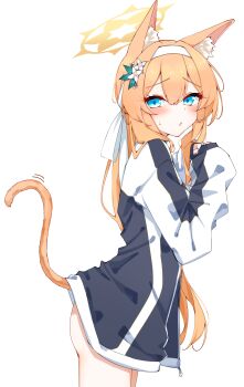 1girl :o absurdres animal_ears blue_archive blush cat_ears cat_girl cat_tail commentary_request flower from_side hair_between_eyes hair_flower hair_ornament hair_ribbon halo hands_up highres jacket kabocya_na long_hair long_sleeves looking_at_viewer looking_back mari_(blue_archive) multicolored_jacket no_pants ponytail ribbon solo tail tail_raised track_jacket two-tone_jacket upskirt very_long_hair white_flower white_ribbon yellow_halo