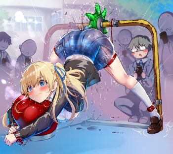 1girl blazer blonde_hair blue_eyes blush breasts chitose-kun_wa_ramune_bin_no_naka female_orgasm highres hiiragi_yuuko jack-o&#039;_challenge jacket large_breasts long_hair monikano orgasm outdoors plaid_clothes plaid_skirt pleated_skirt pussy_juice separated_legs shirt side_ponytail skindentation skirt socks top-down_bottom-up white_shirt white_socks