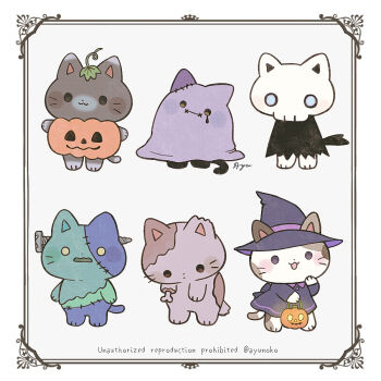 :3 animal animal_focus ayu_(mog) bone cat closed_mouth clothed_animal commentary_request grey_background halloween hat holding holding_pumpkin jack-o'-lantern no_humans object_through_head original patchwork_skin pumpkin pumpkin_costume purple_hat screw_in_head simple_background skeleton_costume solid_circle_eyes twitter_username watermark witch_hat zombie