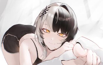 1girl absurdres bare_shoulders black_hair black_nails black_shorts black_tank_top closed_mouth commentary english_commentary fingernails grey_hair hair_intakes hair_ornament hairclip highres hololive hololive_english kurochanai long_hair looking_at_viewer multicolored_hair nail_polish pointing pointing_at_viewer shiori_novella shorts smile solo split-color_hair tank_top virtual_youtuber yellow_eyes