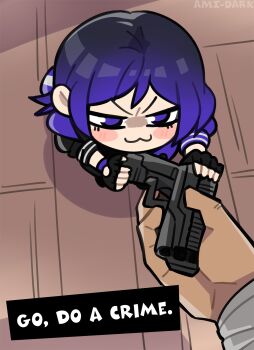 Rule 34 | black hair, chibi, fingerless gloves, gloves, go do a crime (meme), gun, highres, multicolored hair, namco, purple eyes, purple hair, reina (tekken), tekken, tekken 8, two-tone hair, weapon