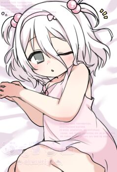 1girl blush child commission dress hair_bobbles hair_ornament hairband highres looking_at_viewer one_eye_closed original pokopokotarou1 solo two_side_up vgen_commission waking_up