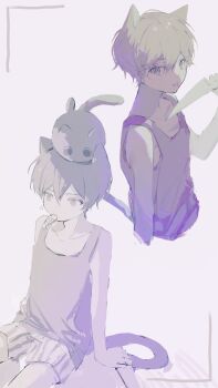 Rule 34 | 1boy, animal, animal ears, animal on head, arm at side, arm support, arms at sides, cat, cat boy, cat ears, cat on head, cat tail, collarbone, commentary, cowboy shot, cropped torso, double-parted bangs, food, from above, grey background, greyscale, hair between eyes, hand up, highres, holding, holding knife, kemonomimi mode, knife, looking ahead, looking at viewer, male focus, mewo, monochrome, mouth hold, multiple views, omori, omori (omori), on head, reverse grip, shadow, short hair, shorts, simple background, sitting, striped clothes, striped shorts, symbol-only commentary, tail, tank top, tomomu 0, two-tone shorts, vertical-striped clothes, vertical-striped shorts, very short hair