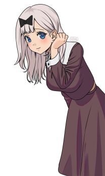 1girl adjusting_hair alternate_hair_color artist_name back_peek black_bow black_shirt black_skirt blue_eyes bow breasts carlo_montie closed_mouth feet_out_of_frame fujiwara_chika grey_hair hair_bow kaguya-sama_wa_kokurasetai_~tensai-tachi_no_renai_zunousen~ large_breasts leaning_forward long_hair long_sleeves looking_at_viewer school_uniform shirt shuuchiin_academy_school_uniform simple_background skirt solo white_background winter_uniform