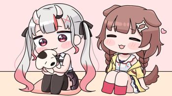 2girls :3 :d animal animal_ears animal_hug bare_arms bare_shoulders black_bow black_necktie black_skirt black_thighhighs blush_stickers bone_hair_ornament bow braid brown_hair cartoon_bone chibi closed_eyes closed_mouth collared_shirt cushion dog dog_ears gradient_hair grey_hair hair_bow hair_ornament heart hololive horns indoors inugami_korone inugami_korone_(1st_costume) long_hair low_twintails mochimiko multicolored_hair multiple_girls nakiri_ayame nakiri_ayame_(streetwear) necktie no_shoes oni open_mouth pleated_skirt red_eyes red_hair red_socks shirt skirt sleeveless sleeveless_shirt smile socks streaked_hair thighhighs twin_braids twintails very_long_hair virtual_youtuber white_shirt x_hair_ornament zabuton