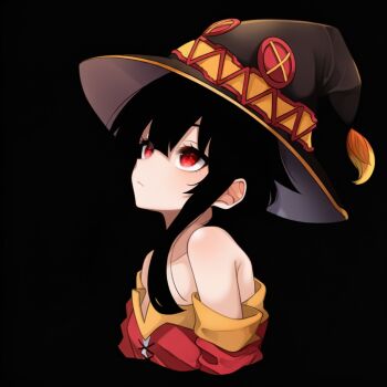 bare_shoulders black_background black_hair breasts colored_skin dress hat kono_subarashii_sekai_ni_shukufuku_wo! looking_up megumin red_dress red_eyes small_breasts white_skin witch_hat