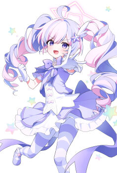 Rule 34 | 1girl, absurdres, ahoge, blue archive, bow, bowtie, commentary, gloves, halo, highres, multicolored hair, official alternate costume, official alternate hairstyle, open mouth, pantyhose, pink bow, pink hair, puffy short sleeves, puffy sleeves, purple bow, purple bowtie, purple eyes, purple hair, purple shoes, reaching, reaching towards viewer, reisa (blue archive), reisa (magical) (blue archive), shoes, short sleeves, simple background, solo, soymilk arts2, striped clothes, striped pantyhose, twintails, two-tone hair, v-shaped eyebrows, white background, white gloves, winged shoes, wings