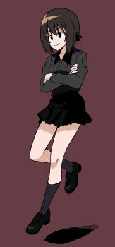 1girl black_collar black_skirt black_socks brown_background brown_eyes brown_hair closed_mouth collar commentary_request crossed_arms floating full_body girls_und_panzer grey_shirt highres kuromorimine_school_uniform loafers long_sleeves nishizumi_maho pleated_skirt ponzu_rui school_uniform shirt shoes short_hair simple_background skirt smile socks solo wing_collar