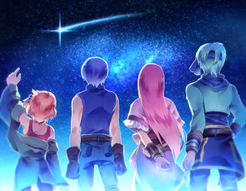 Rule 34 | 2boys, 2girls, aine (hoshi wo miru hito), blue hair, dress, gloves, green hair, headband, hoshi wo miru hito, long hair, minami (hoshi wo miru hito), misa (hoshi wo miru hito), multiple boys, multiple girls, night, night sky, orange hair, pink hair, shiba (hoshi wo miru hito), short hair, side ponytail, sky, star (sky), stargazer (series), starry sky, sunakumo