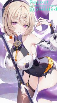 1girl absurdres arched_back arm_up asymmetrical_shorts bare_shoulders beret black_bow black_hat blonde_hair bow breasts button_gap cleavage collarbone commentary_request cowboy_shot cowlick detached_sleeves garter_straps hat highres holding holding_weapon jujube_2513 large_breasts leaning_forward mole mole_under_mouth monster_girl parted_lips purple_eyes purple_nails scylla shirt short_hair single_garter_strap single_thighhigh solo suction_cups tentacle_girl tentacle_tail tentacles thighhighs torn_clothes torn_thighhighs watermark weapon white_shirt white_sleeves yidhari_murphy zenless_zone_zero