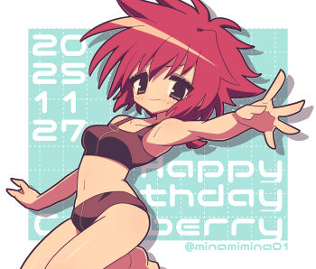 1girl bikini black_bikini blue_eyes character_name closed_mouth commentary cranberry_(girls_und_panzer) dated girls_und_panzer happy_birthday highres kneeling looking_at_viewer medium_hair minami_mina navel red_hair smile solo swimsuit text_background twitter_username