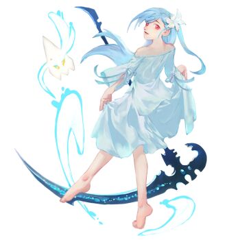 Rule 34 | 1girl, asymmetrical bangs, bare shoulders, barefoot, benya (tales weaver), blue dress, blue hair, blue ribbon, blue shirt, blue sleeves, clothes lift, dress, dress lift, flower, full body, lily (flower), long hair, long sleeves, medium dress, nexon, off-shoulder shirt, off shoulder, open mouth, red eyes, ribbon, scythe, second-party source, shirt, side slit, simple background, sleeve ribbon, solo, ssosore, standing, standing on one leg, straight hair, strapless, strapless shirt, tales weaver, transparent background, white flower, white lily, wide sleeves