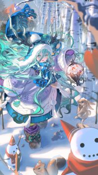 1girl absurdres antlers beanie blue_hat blue_scarf blush boots breasts commentary_request earflap_beanie fate/grand_order fate_(series) full_body green_eyes green_hair hat highres horns lamp light_(nightty45) long_hair long_sleeves louhi_(fate) louhi_(second_ascension)_(fate) mittens open_mouth pantyhose purple_mittens rabbit scarf small_breasts smile snow snowman solo squirrel yellow_pantyhose