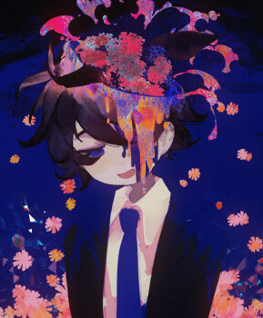 Rule 34 | 1boy, :d, abstract, absurdres, akinashi haru, black hair, black jacket, blue eyes, blue necktie, catlestis, chinese commentary, collared shirt, commentary request, dress shirt, flower, highres, jacket, lapels, multicolored blood, necktie, open mouth, open skull, sad smile, saihate eki, shirt, smile, solo, upper body, white shirt
