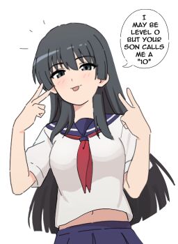 1girl black_hair breasts double_v english_text green_eyes hair_between_eyes hair_ornament half-closed_eyes highres large_breasts long_hair looking_at_viewer midriff navel saten_ruiko school_uniform serafuku skirt sleepy_frippy smile solo toaru_kagaku_no_railgun toaru_majutsu_no_index tongue tongue_out v
